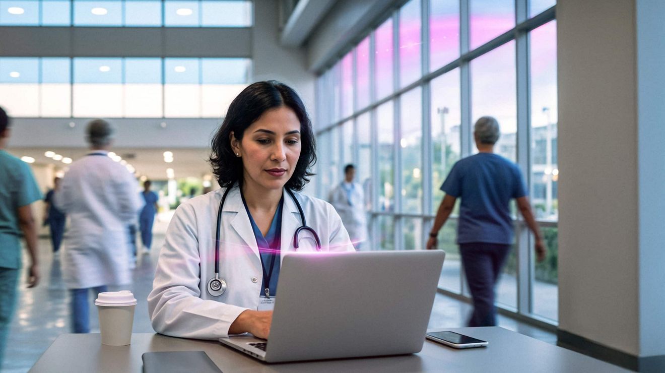 A doctor in a busy hospital connects to the network with SuperBroadband, providing seamless patient care.