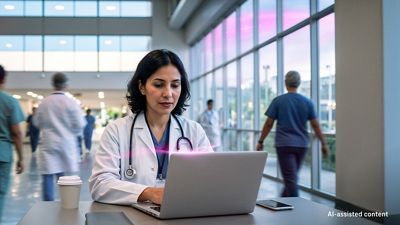 Una doctora en un hospital ajetreado se conecta a la red con SuperBroadband, para proporcionar una atención sin interrupciones a los pacientes.