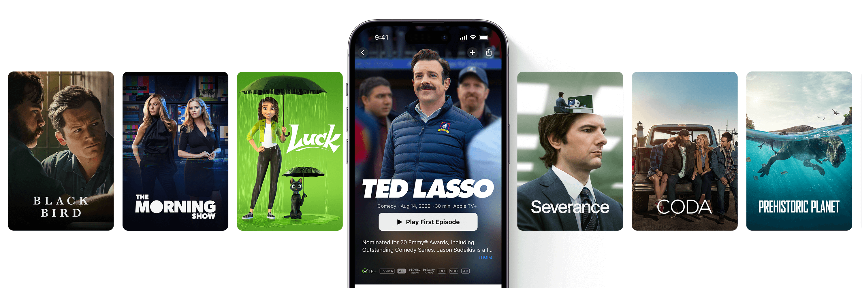 Un banner de Apple TV+ Originals como Ted Lasso y Severance.
