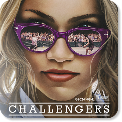Poster for the new movie Challengers, that shows two men playing tennis in the reflection of Zendaya’s sunglasses.