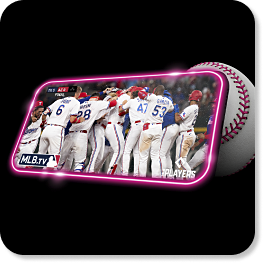 Smartphone (con brillo magenta, con jugadores de béisbol celebrando) apoyado sobre una pelota de béisbol.
