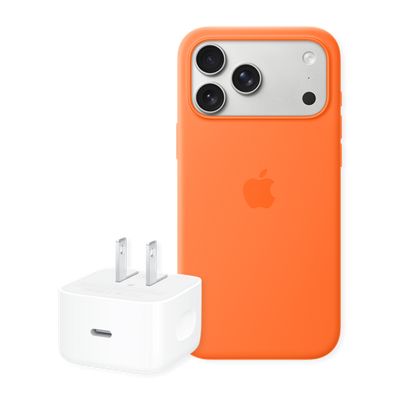 Apple accessories promotion showing a phone case and power adapter