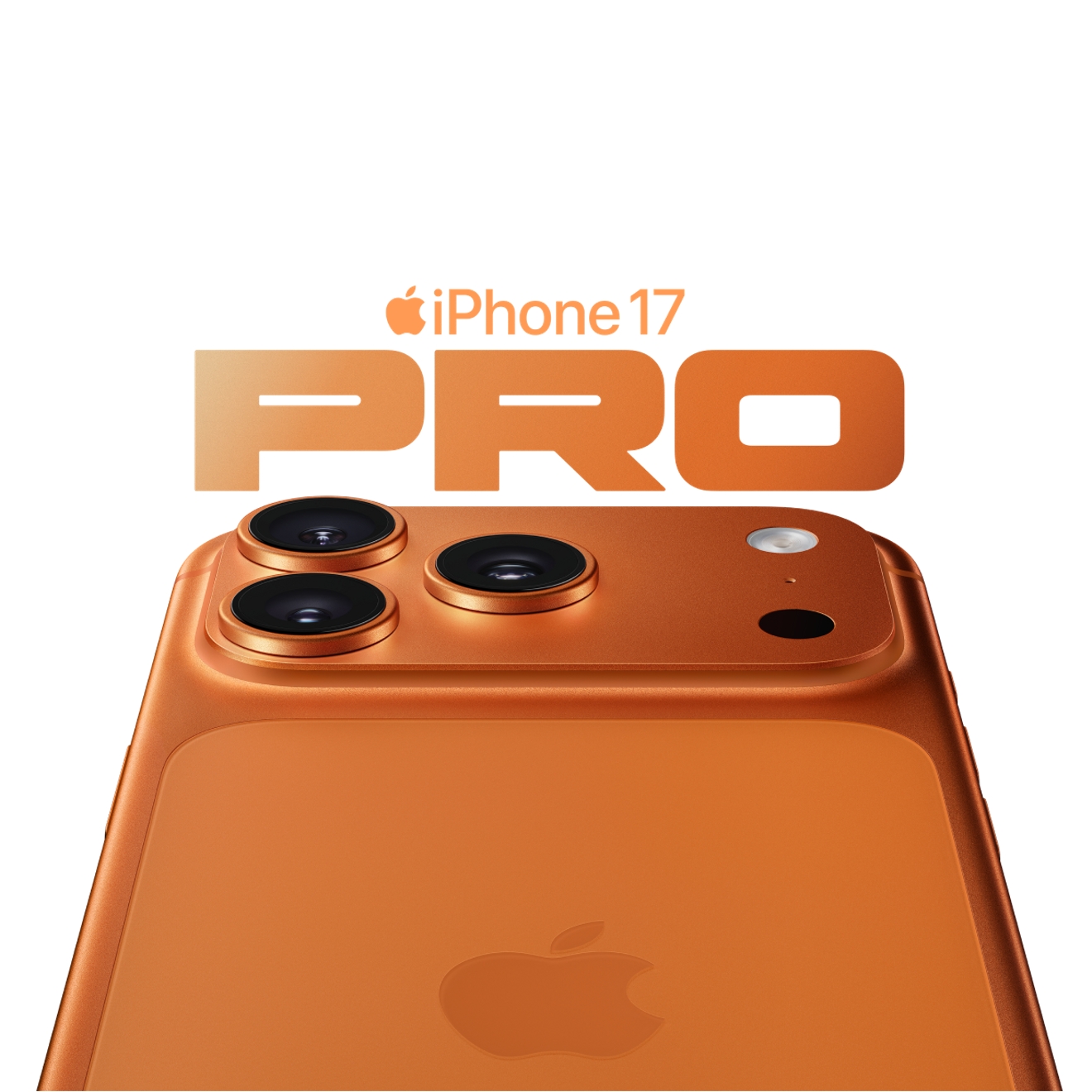La parte trasera de un iPhone 17 Pro naranja cósmico con las palabras "iPhone 17 Pro".
