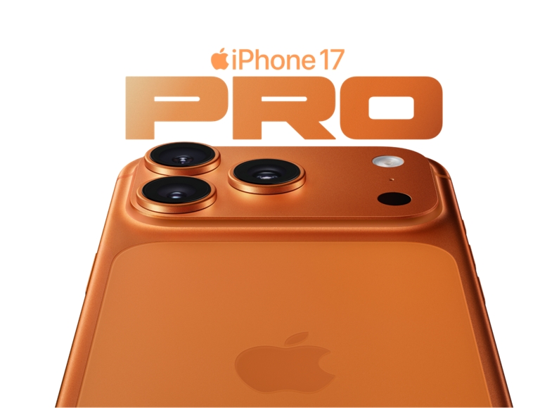La parte trasera de un iPhone 17 Pro naranja cósmico con las palabras "iPhone 17 Pro".