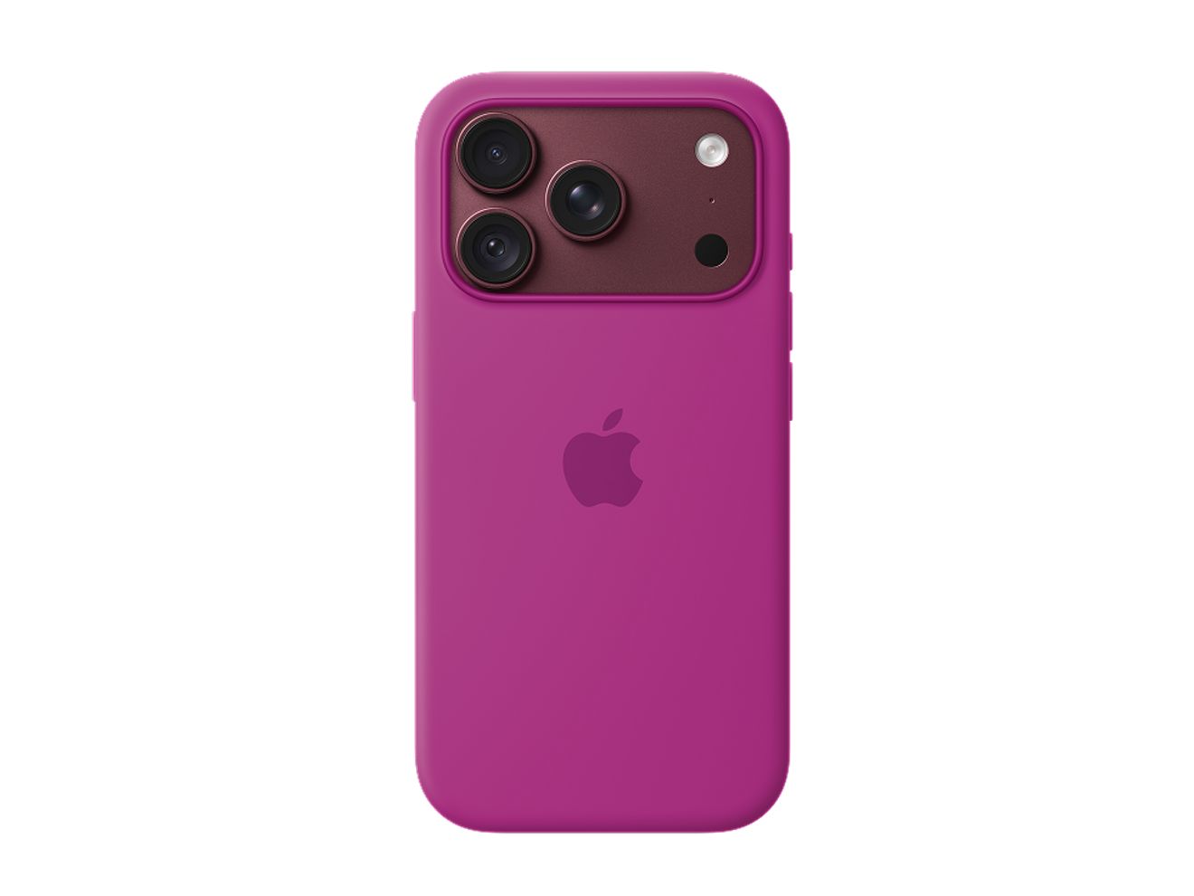Un Apple iPhone 18 Pro color borgoña en un estuche de silicona Apple color magenta