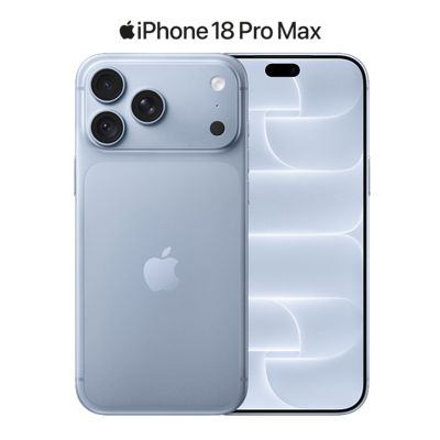 Vista frontal y posterior de un iPhone 18 Pro Max azul glaciar con el logotipo del Apple iPhone 18 Pro Max.