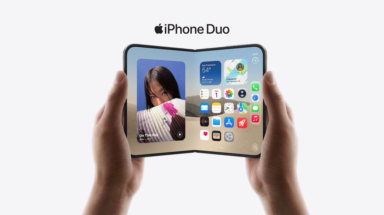 Manos sosteniendo un iPhone Duo abierto debajo del logotipo de Apple iPhone Duo.