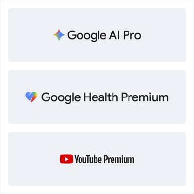 Tres mosaicos de imágenes muestran los logotipos de Google AI Pro, Google Health Premium y YouTube Premium.