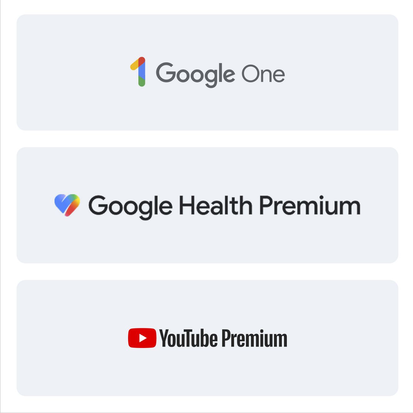 Tres fichas que muestran los logos de Google One Premium 2, Google Health Premium y YouTube Premium.