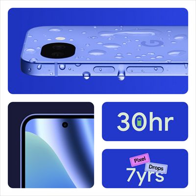 A light‑blue Pixel 10a splashed with water, paired with bold tiles calling out long battery life and years of software updates.