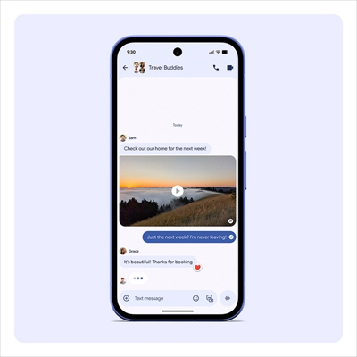 A Pixel 10a showing a group chat called Travel Buddies, with messages and a shared sunset video as friends plan an upcoming trip.
