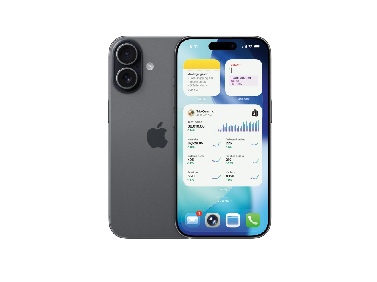 Se muestra la parte trasera y frontal de un iPhone 17 con apps de notas, calendario y Shopify.