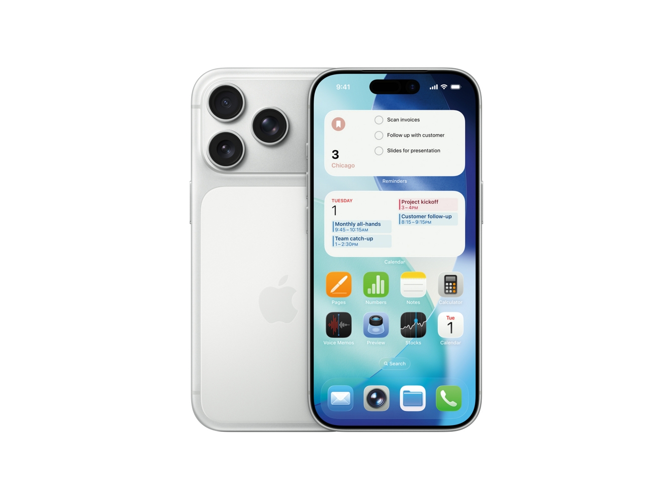 Dos dispositivos iPhone 17 Pro color plata, presentados de frente y de atrás en un ángulo lateral.