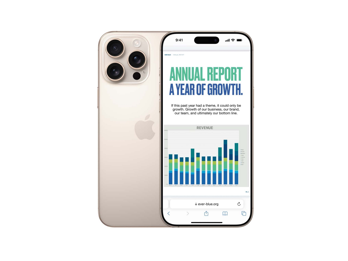 Dos dispositivos iPhone 16 Pro Max, uno mostrando la parte frontal y otro la posterior.