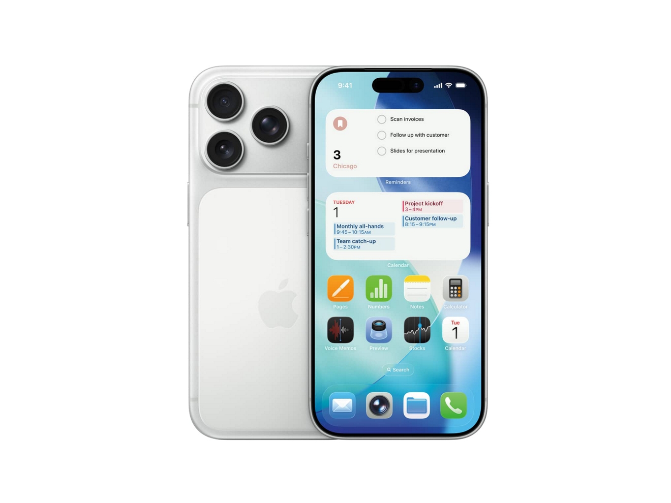 Dos dispositivos iPhone 17 Pro Max, uno mostrando la parte frontal y otro la posterior, con las apps de notas, calendario y Shopify.