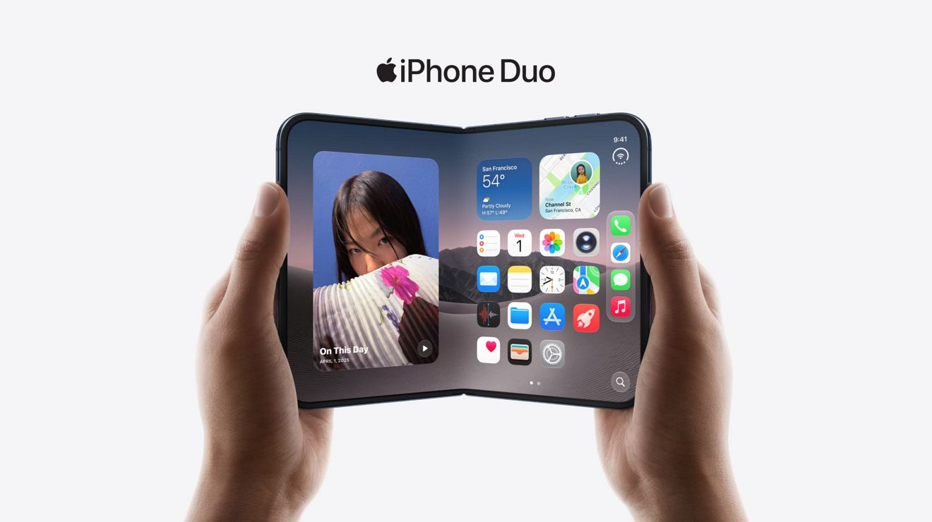 Una persona sostiene un iPhone Duo en el que se ve, por un lado, una foto de "En este día" y, por el otro, los iconos de las app.