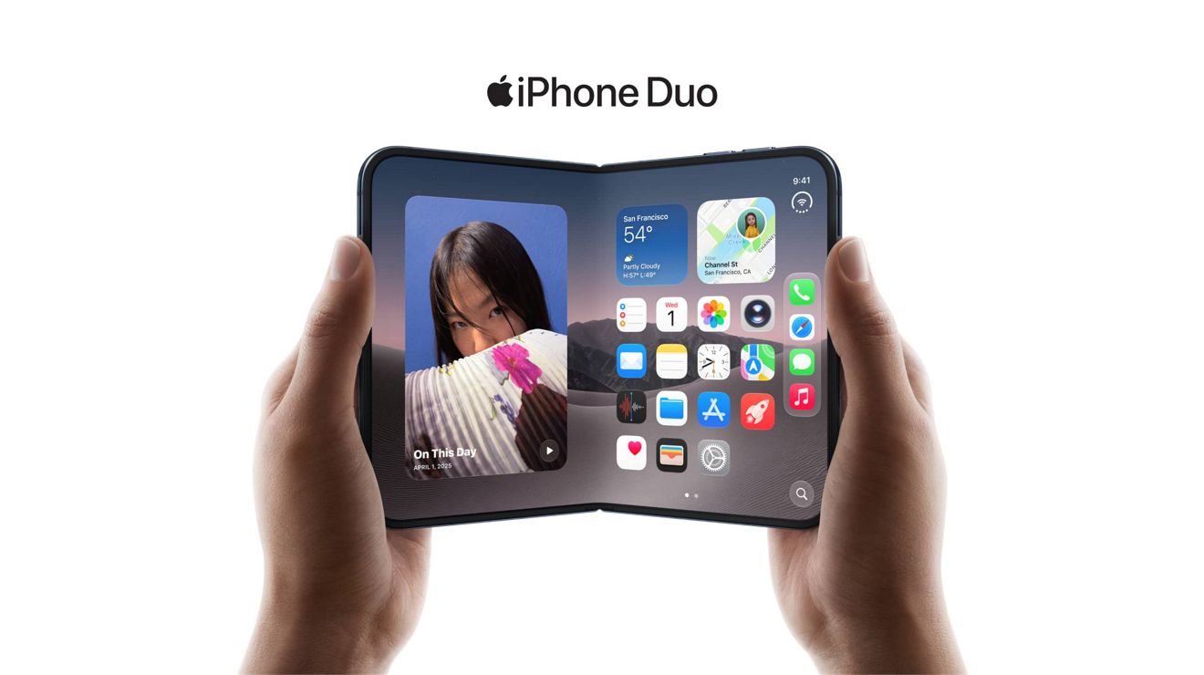 Una persona sostiene un iPhone Duo en el que se ve, por un lado, una foto de "En este día" y, por el otro, los iconos de las app.