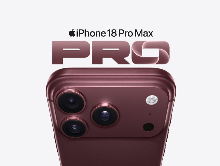 Primer plano de un iPhone 18 Pro Max de color burdeos en el que se muestra la cámara en la parte trasera del smartphone.