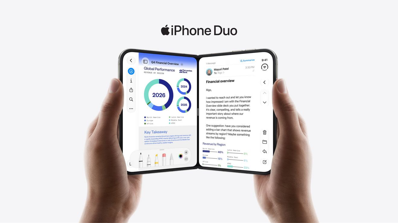 Un iPhone Duo abierto en el que se ve, por un lado, un documento con información financiera general y, por el otro, un correo electrónico.