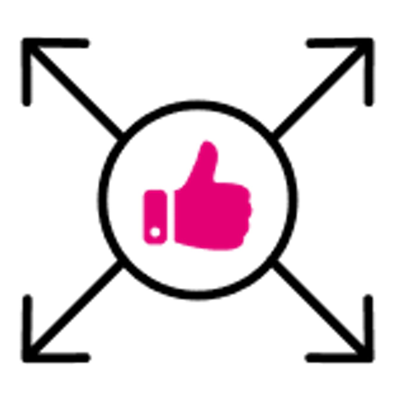Arrows moving outward from magenta thumbs-up.
