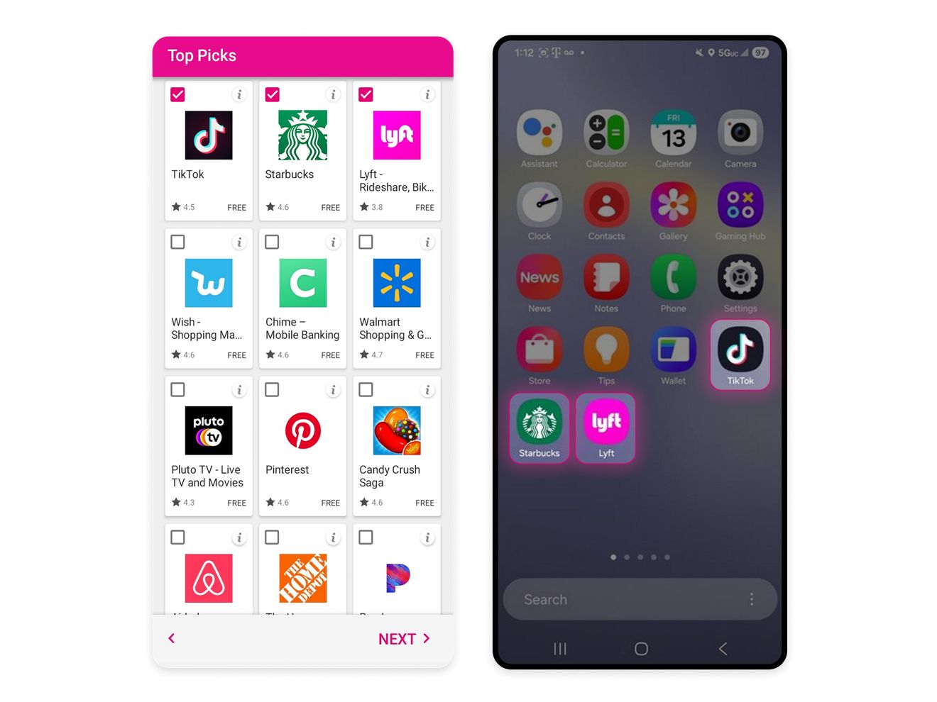 Two Android phones. One screen shows top app picks available to install. The other screen shows three new apps downloaded and available to use.