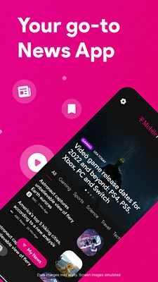 Six screens showing the T-Mobile Play app features and benefits. Your go-to news app, video on the go, personalize your news from the top publishers, 4k video player, quick swipe access via your home screen.