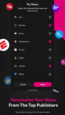 Six screens showing the T-Mobile Play app features and benefits. Your go-to news app, video on the go, personalize your news from the top publishers, 4k video player, quick swipe access via your home screen.