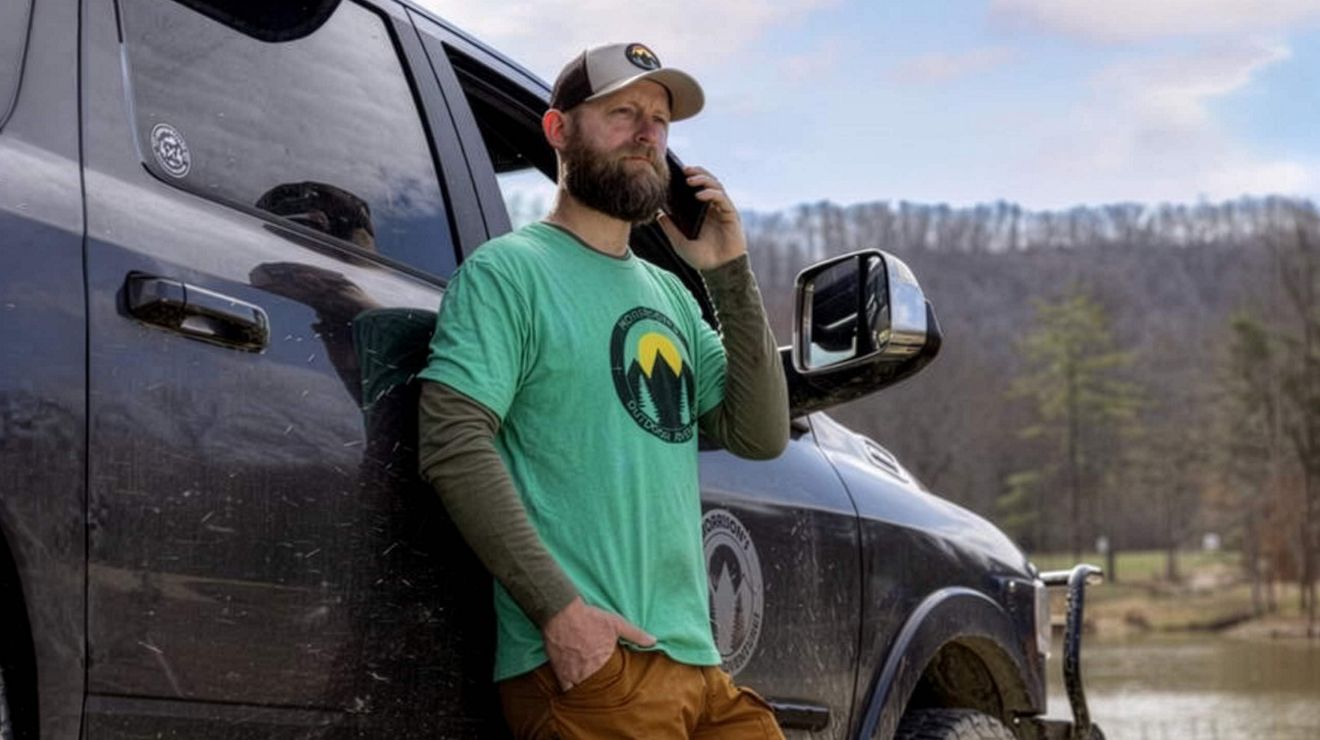 A bearded man leaning against a pickup truck while talking on a cell phone outdoors.