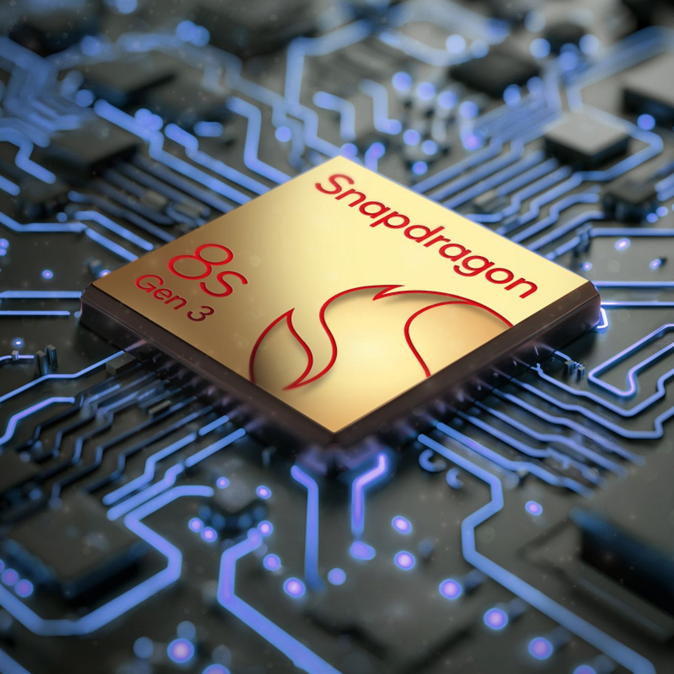 Primer plano del procesador Snapdragon 8s Gen3 dentro del Motorola razr plus.