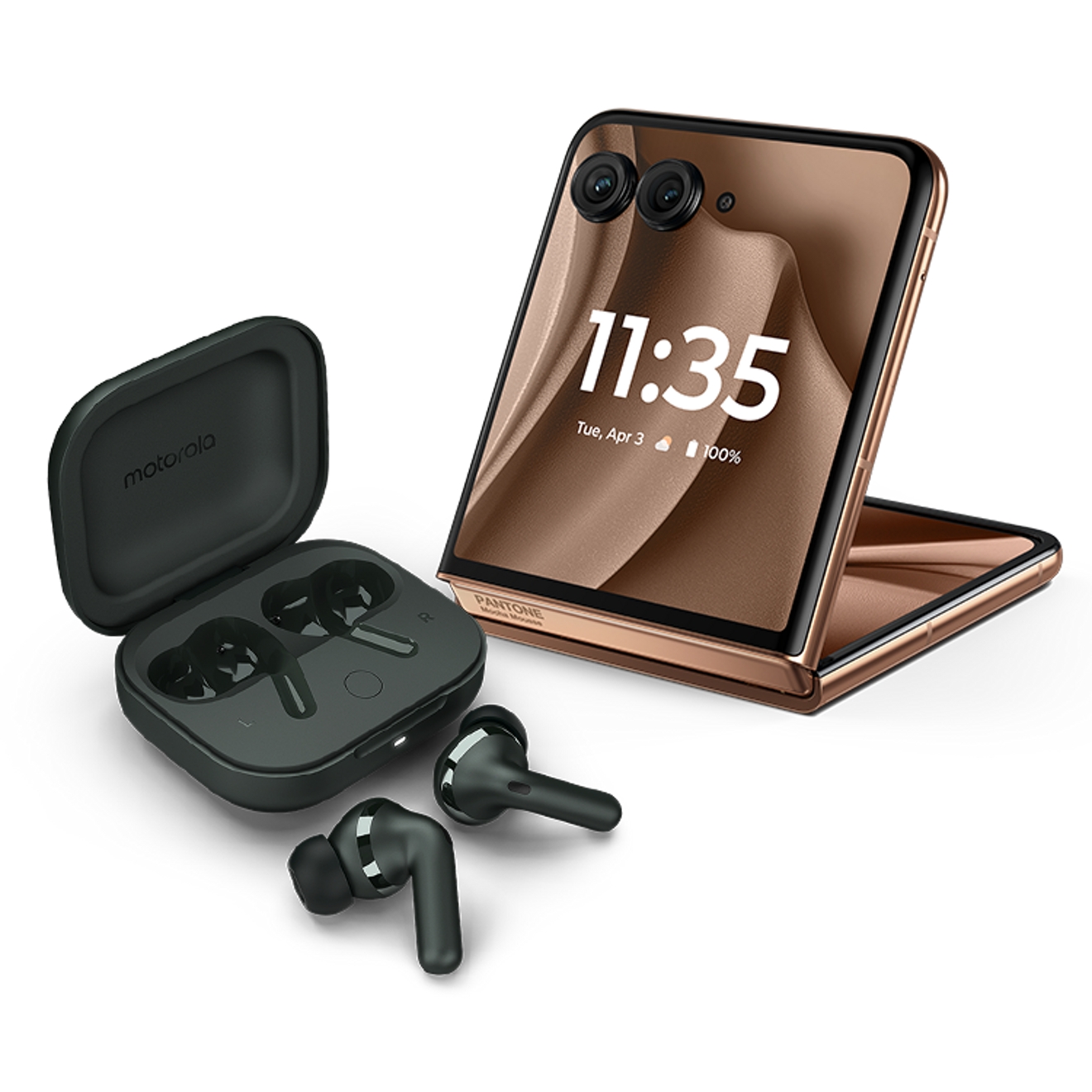 Un moto razr plus plegado en color bronce con un par de buds plus.