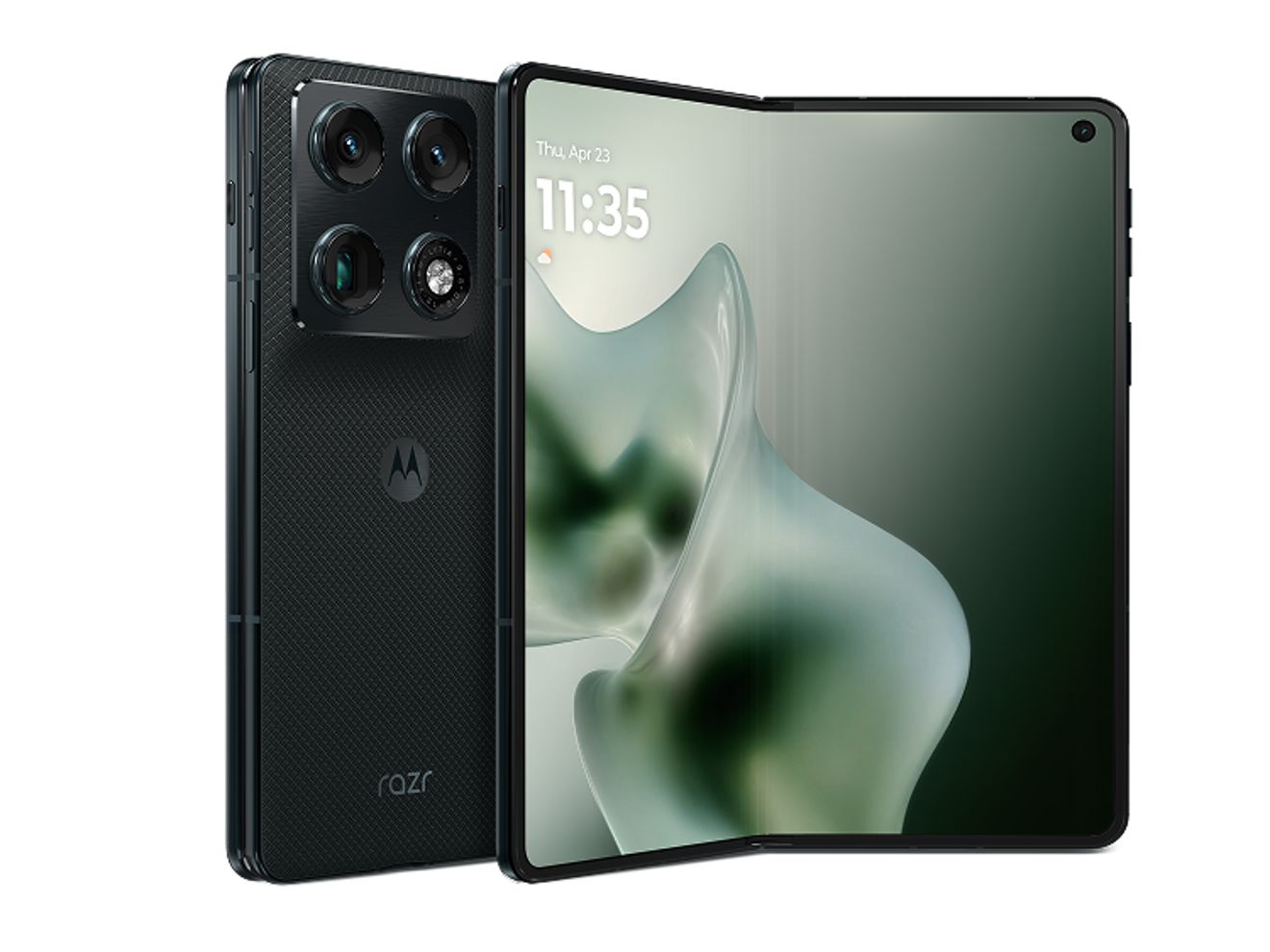 Parte frontal del nuevo teléfono plegable Motorola razr fold abierto, con el panel trasero a la vista, donde se destacan las cámaras traseras.