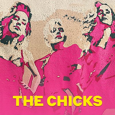 Contornos granulados de miembros de la banda The Chicks posan en tonos bronceados y rosas.