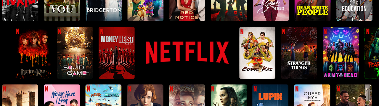Netflix logo and various show and movie titles.