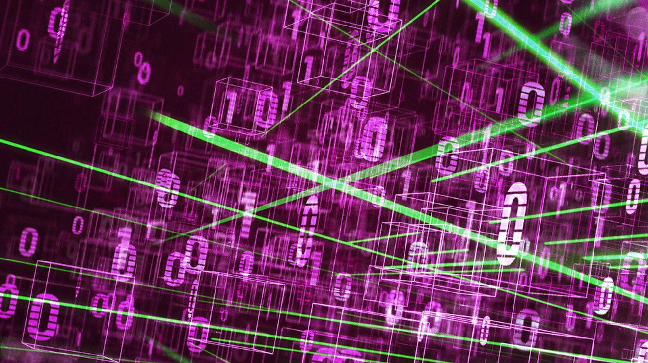 High-tech network image showing magenta and green lights.