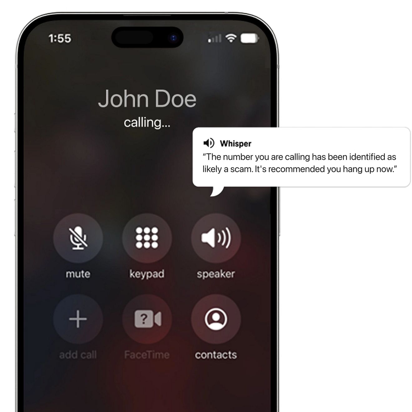 Pantalla de llamada del iPhone con una notificación de Whisper que dice: El número al que estás llamando ha sido identificado como un posible fraude. Se recomienda que cuelgues ahora.