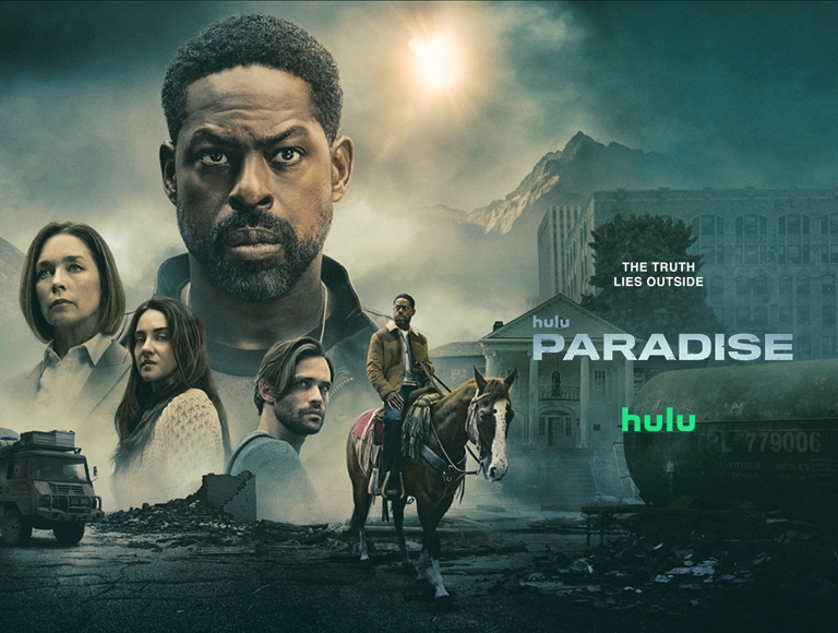 Cartel de la serie Paradise, de Hulu, en el que aparecen cuatro personajes serios, un hombre a caballo en un paisaje en ruinas y el eslogan "La verdad está ahí".