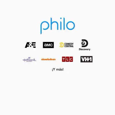 Logotipos de Philo, A&T, AMC, BET, Discovery, Hallmark, Lifetime, Nickelodeon, Paramount Network, TLC y VH1.