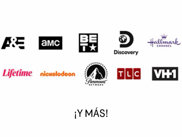 Una grilla de logotipos de canales de entretenimiento, con A&E, AMC, BET, Discovery, the Hallmark channel, Lifetime, nickelodeon, Paramount, TLC, VH1 y más.