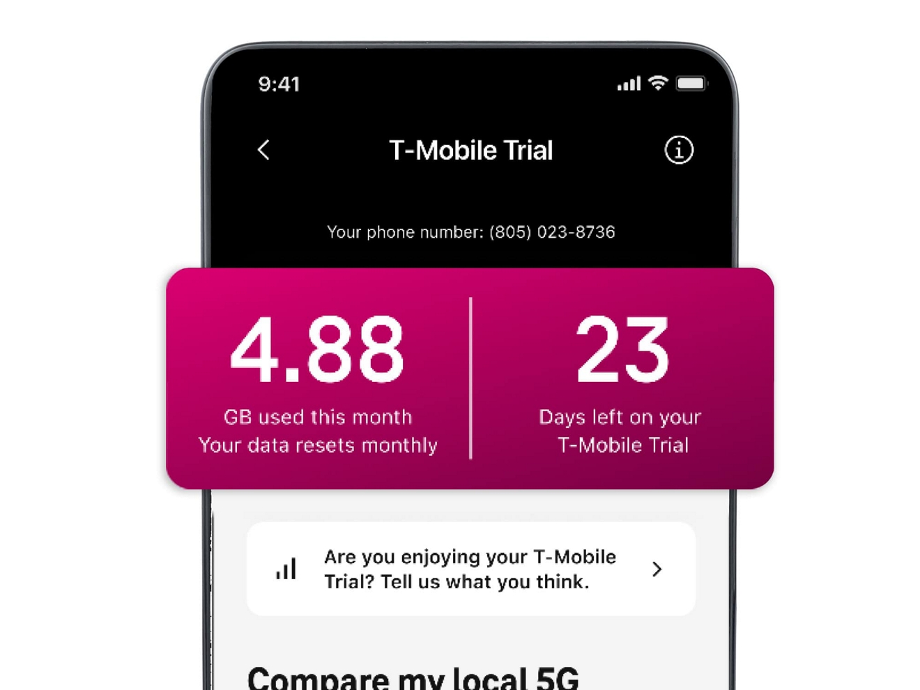 Pantalla del teléfono mostrando GB de datos utilizados este mes y 67 días restantes con Network Pass.