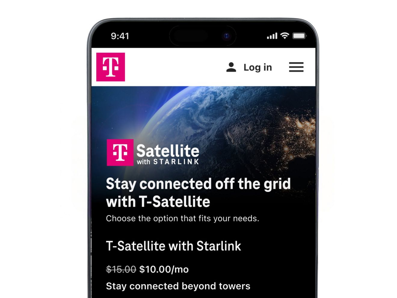Smartphone displaying “T-Satellite with Starlink” atop an overhead shot of Earth.