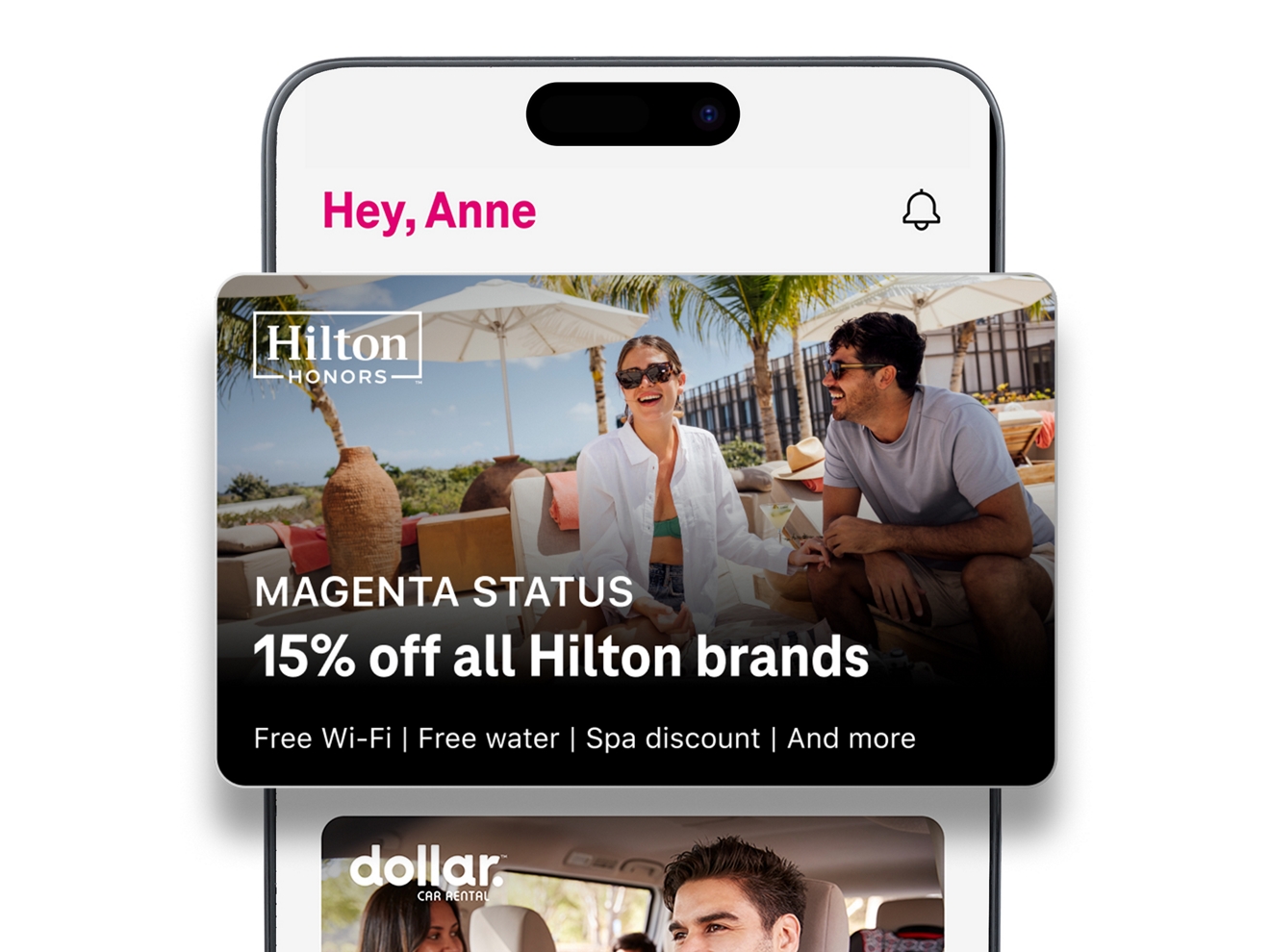 Pantalla de teléfono con imágenes de los beneficios de Magenta Status para descuentos en hoteles Hilton y beneficios de Dollar Rental Car.