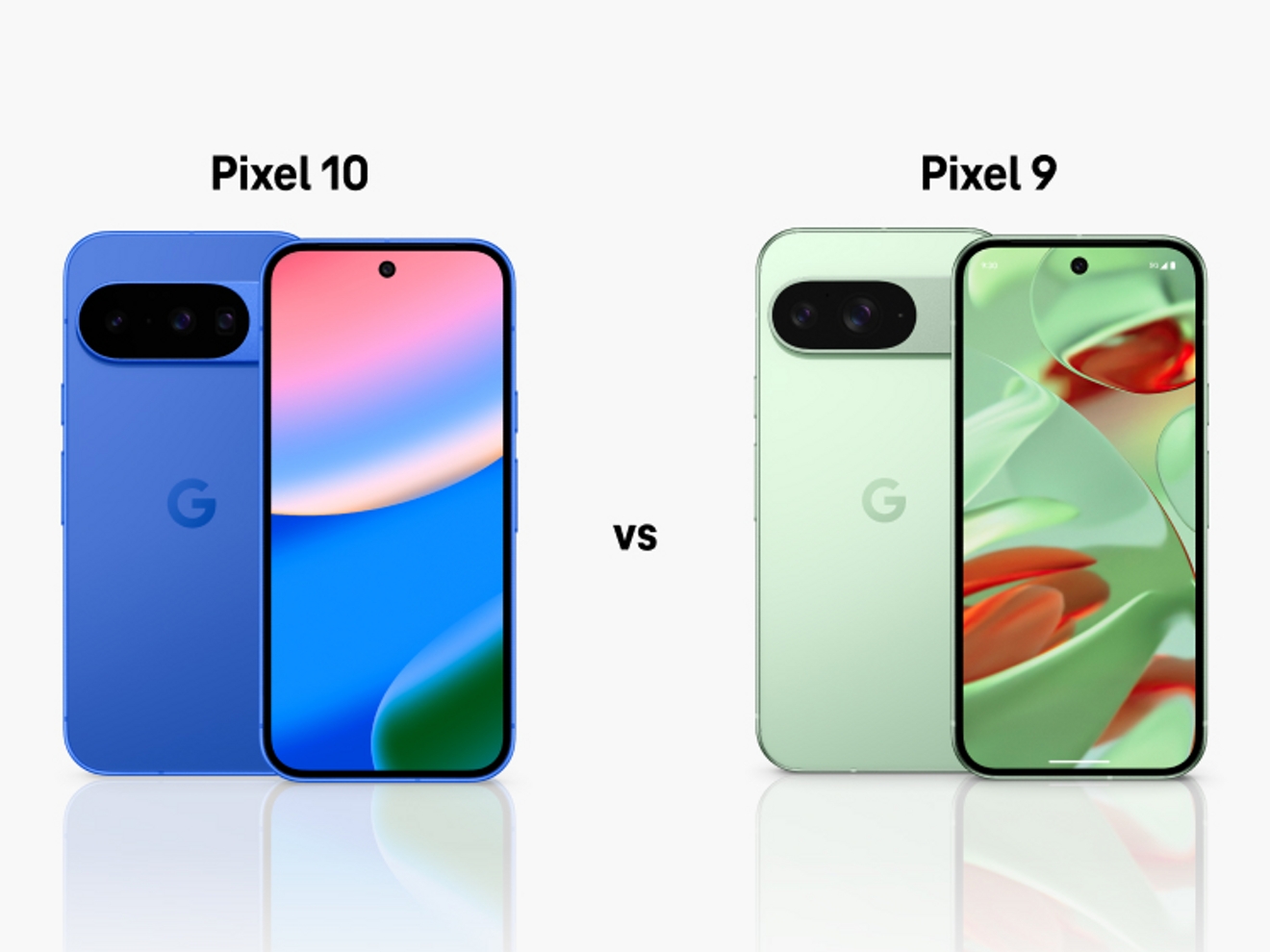 Comparación lado a lado del Google Pixel 10 en azul y el Google Pixel 9 en verde, ambos mostrados desde la parte delantera y trasera.