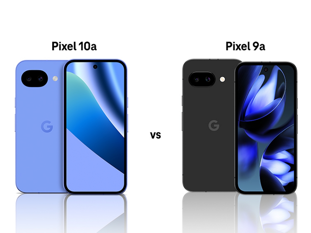 Comparación directa del Google Pixel 10a en azul y el Google Pixel 9a en negro, ambos mostrados por delante y por detrás.