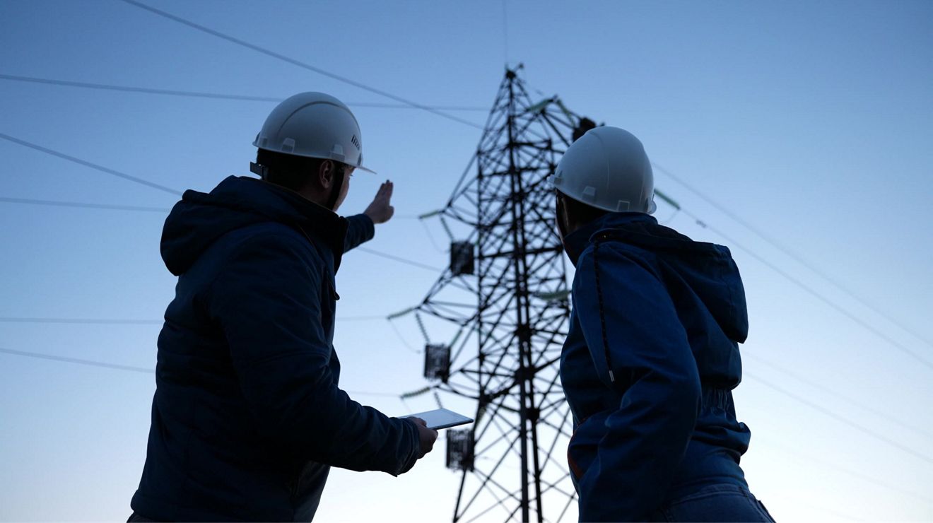 Two line inspectors near a transmission tower reference a digital tablet as they discuss an issue.