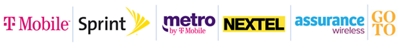 Logotipo de T-Mobile, logotipo de Sprint, logotipo de Metro by T-Mobile, logotipo de Nextel, logotipo de Assurance Wireless, logotipo de GoTo.