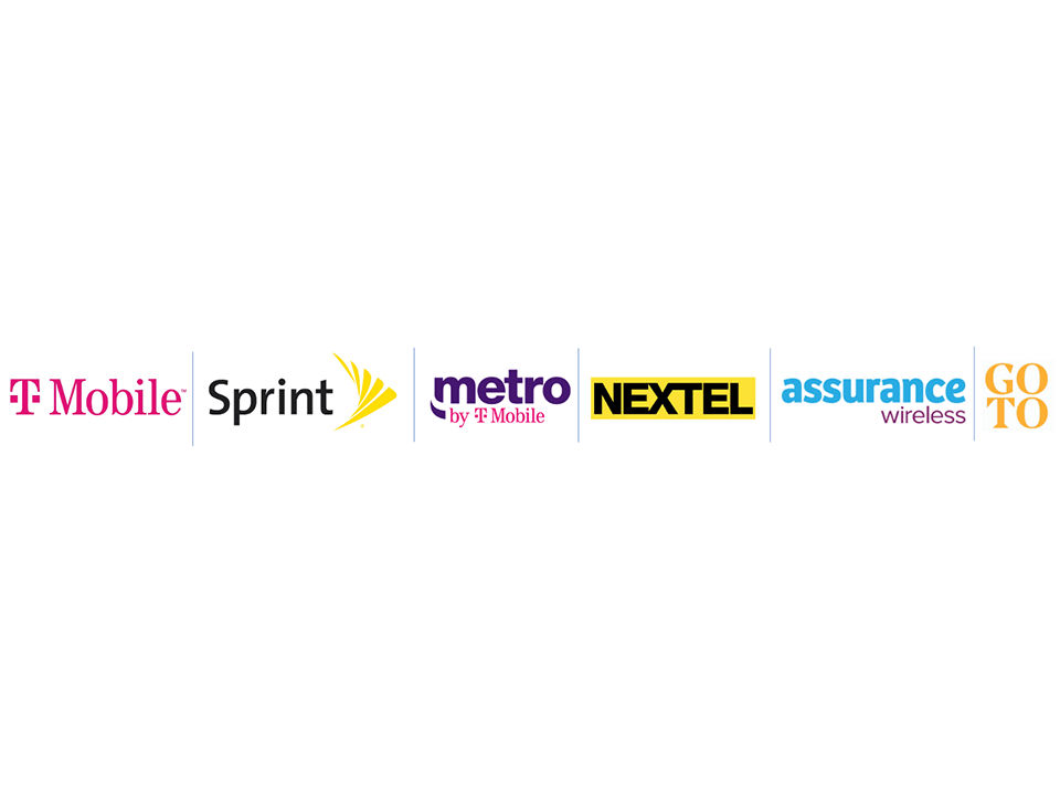 Logotipo de T-Mobile, logotipo de Sprint, logotipo de Metro by T-Mobile, logotipo de Nextel, logotipo de Assurance Wireless, logotipo de GoTo.