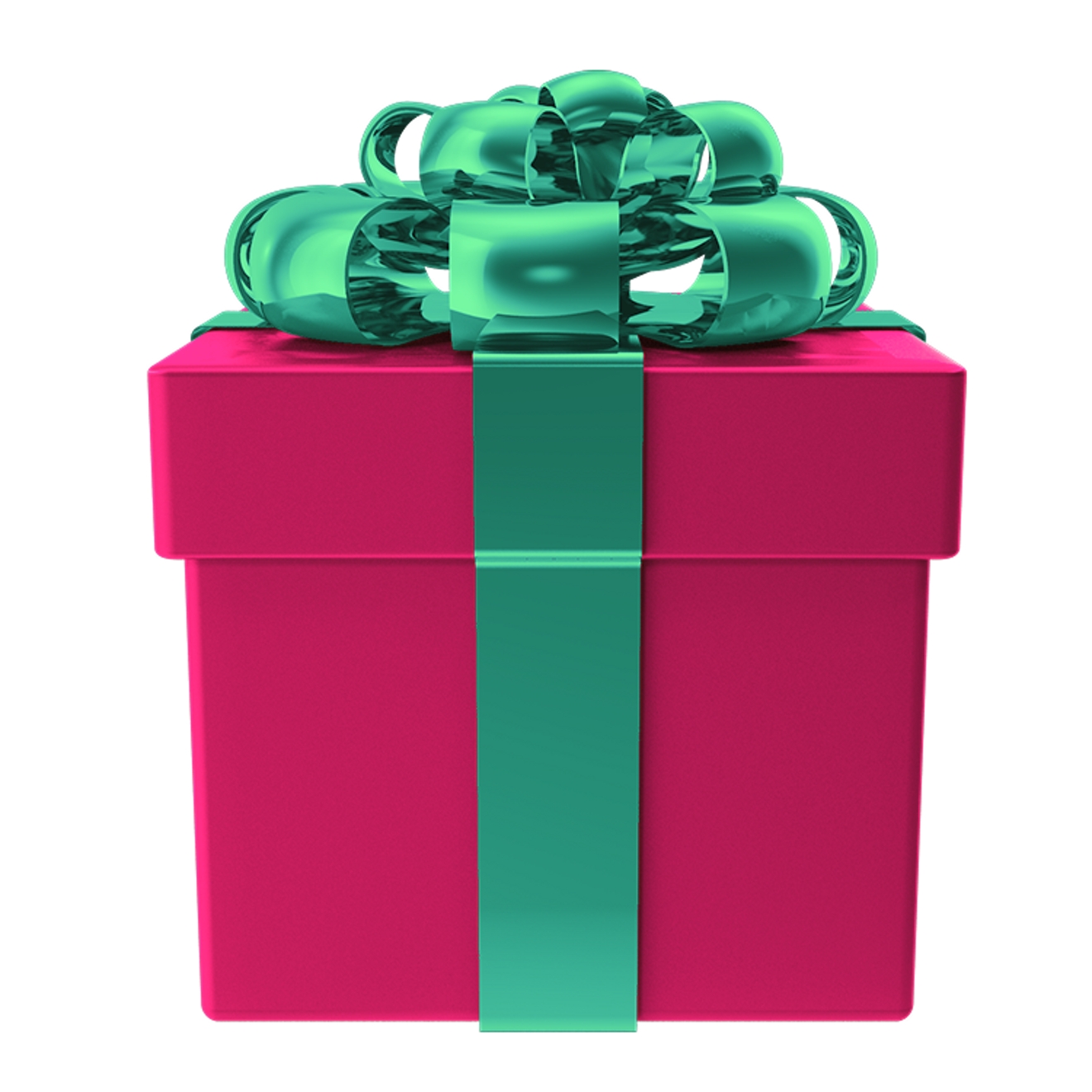 Una caja de regalo magenta con cintas y moños verde esmeralda.