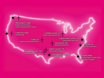 Mapa de Estados Unidos en el que se muestran las instalaciones de generación de energía renovable de las que depende T-Mobile y/o en las que invierte.