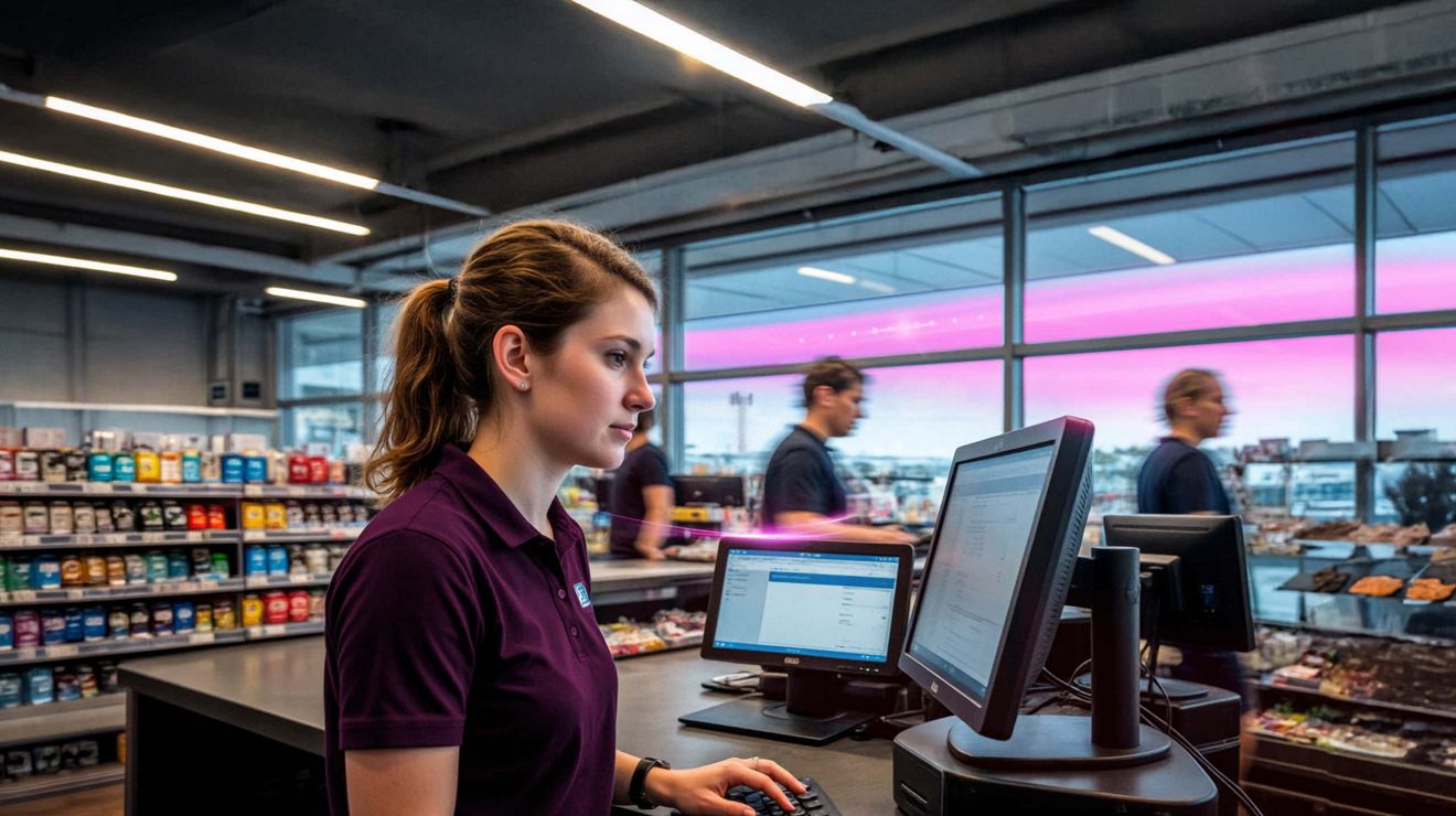 A retail employee relies on a connected point-of-sale station to assist shoppers.