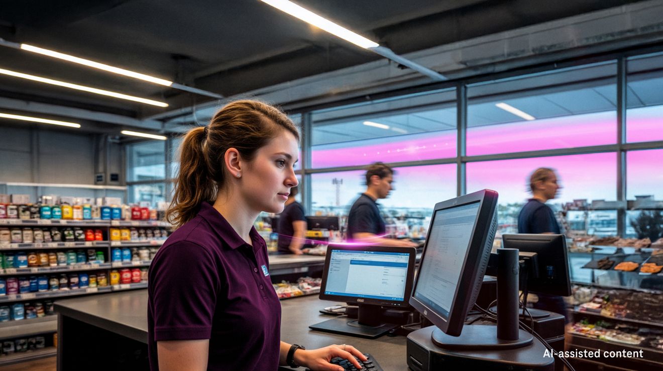 La empleada de una tienda usa una estación de punto de venta conectada para ayudar a los compradores.